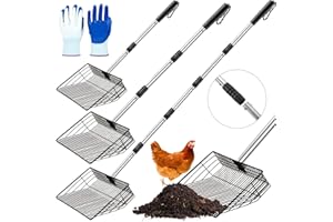 EVISWIY 10 inch Large Chicken Poop Scooper for Poop With Glove 5 in 1 Multi-Func Heavy Duty Metal 37 to 68” Long Handle Chicken Coop Scoop Scooper for Sand Sifting Shovel for Chicken Coop Rake Cleaning Tools