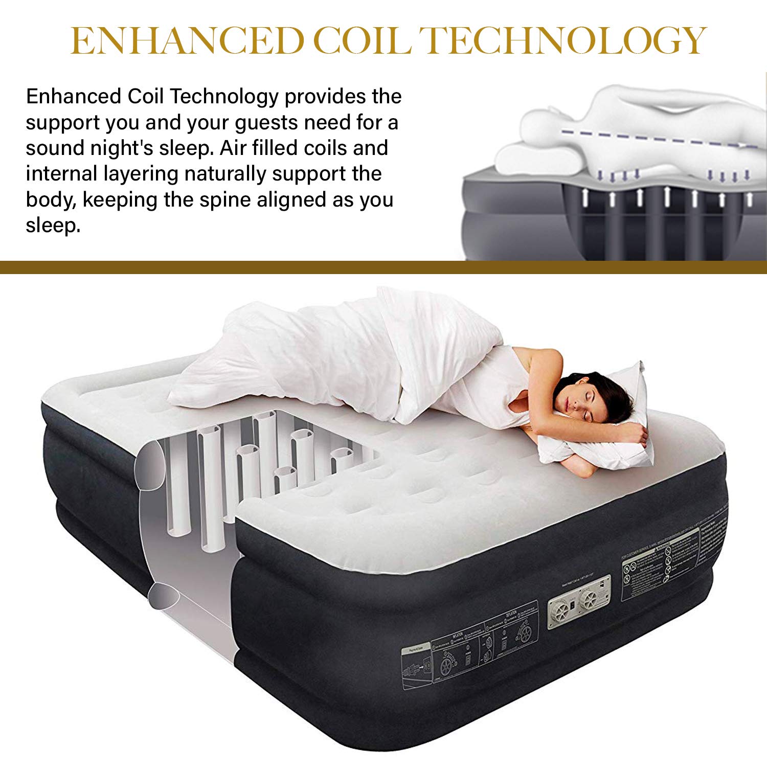 King Koil Elevated Air Mattress Quilt Top & 1 Year - Best Inflatable Air Bed with Built-in Pump - Queen Size Updated Luxury Air Mattress Queen Black