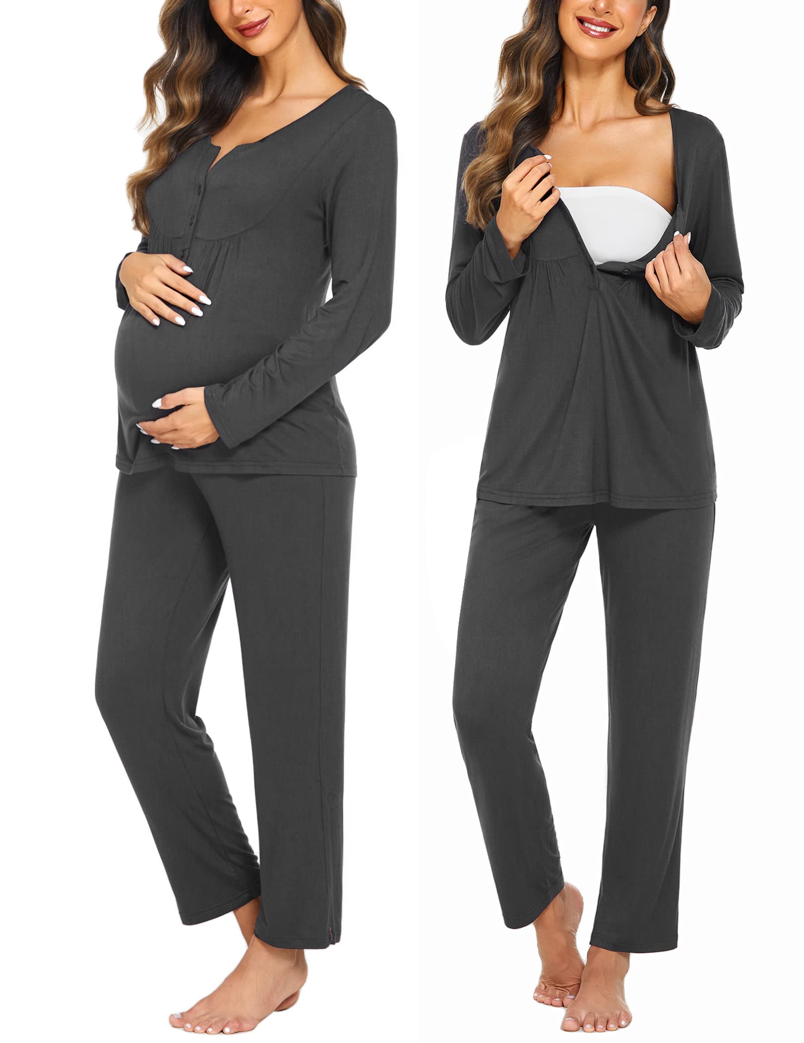 Photo 1 of Ekouaer Maternity Nursing Pajama Sets Labor Delivery Pjs Long Sleeve Breastfeeding Pajamas Pregnancy Sleepwear Set Grey S