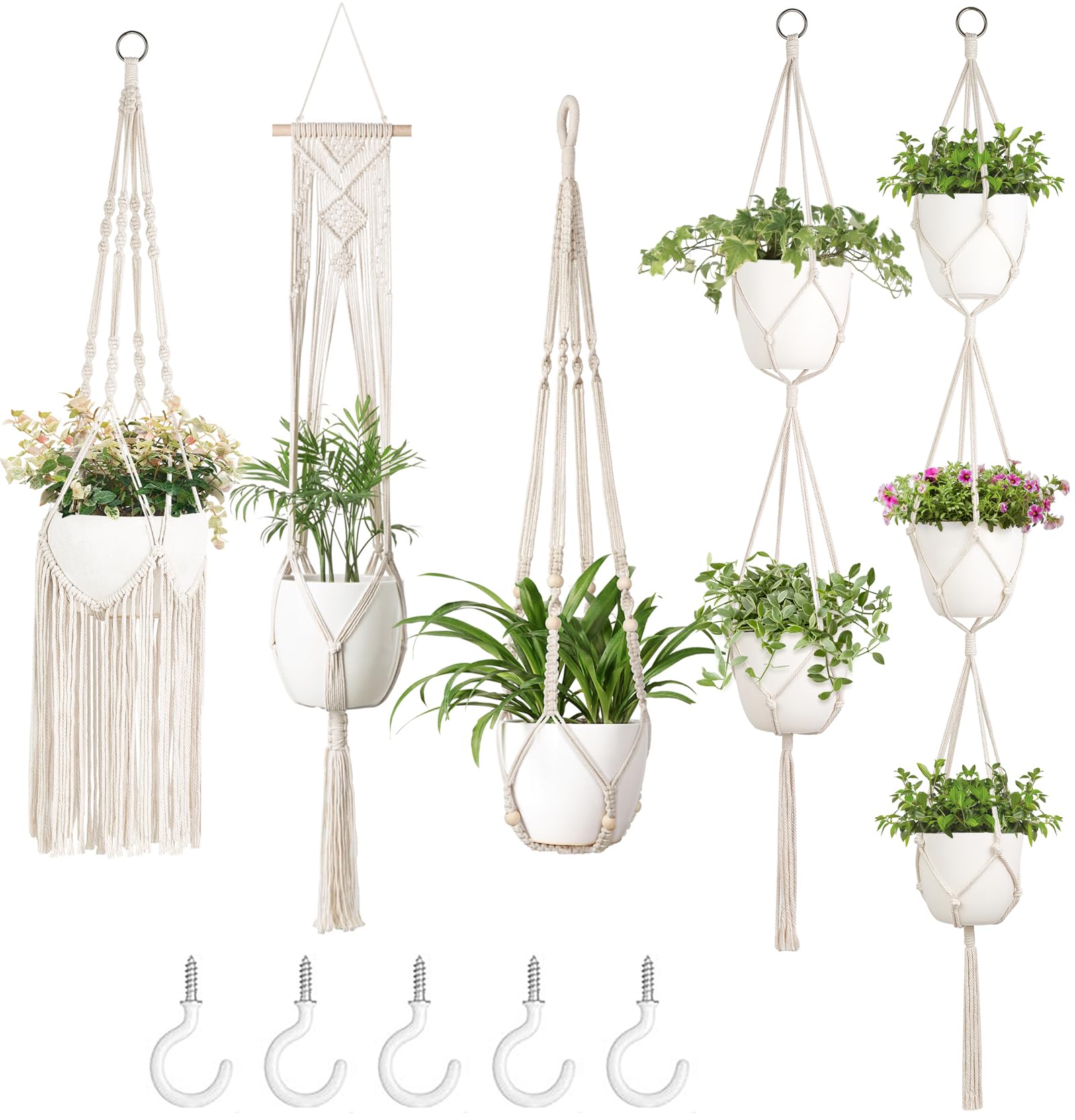 Photo 1 of Mkono Macrame Plant Hangers, 5 Pack Different Tiers Indoor Hanging Planters Basket with 5 Hooks Decorative Flower Pots Holder Stand Boho Home Decor, Ivory