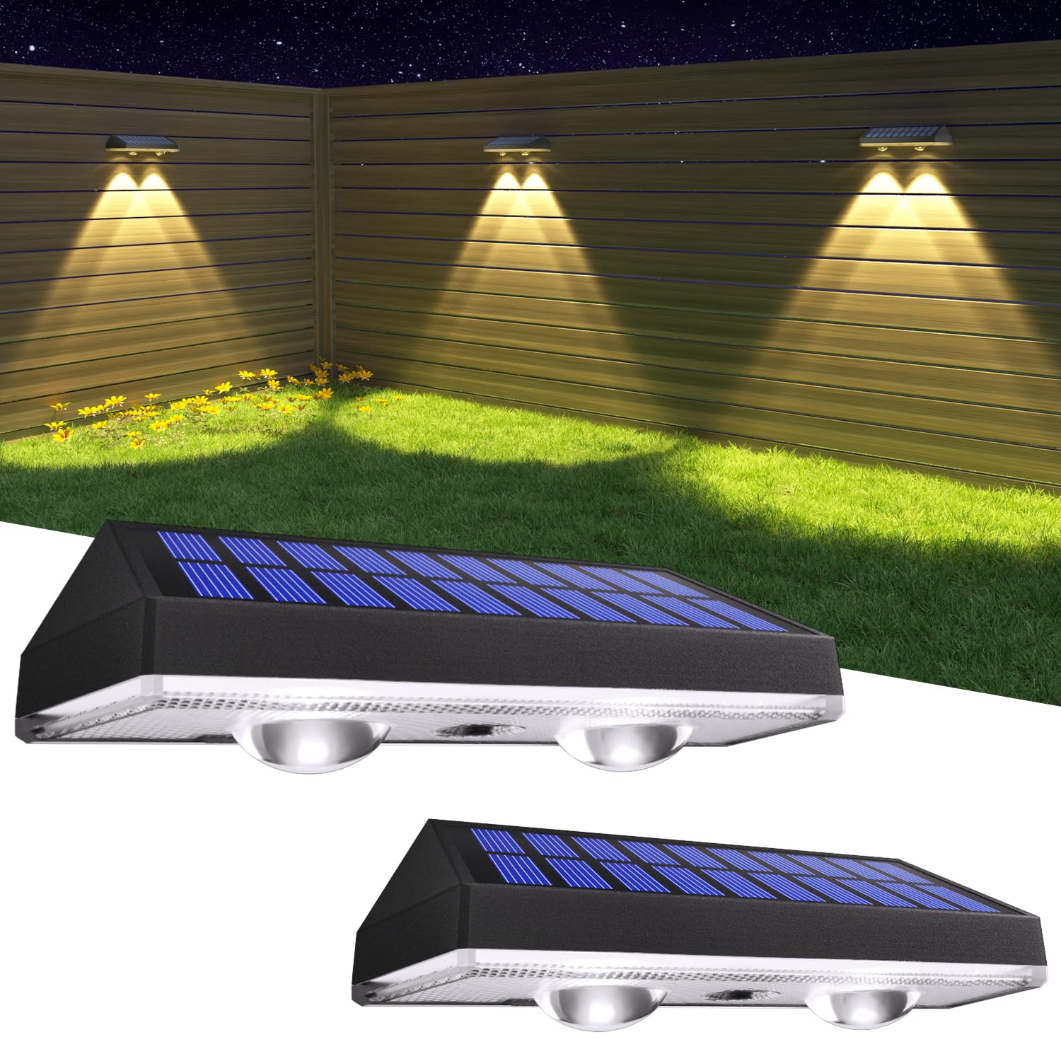 HAMLITE Solar Fence Lights Outdoor Garden: Solar Wall Lights Outdoor Waterproof - Solar Powered Garden Fence Lights 3 Color Modes for Deck Patio Decking Gate Yard Decoration 2-Pack