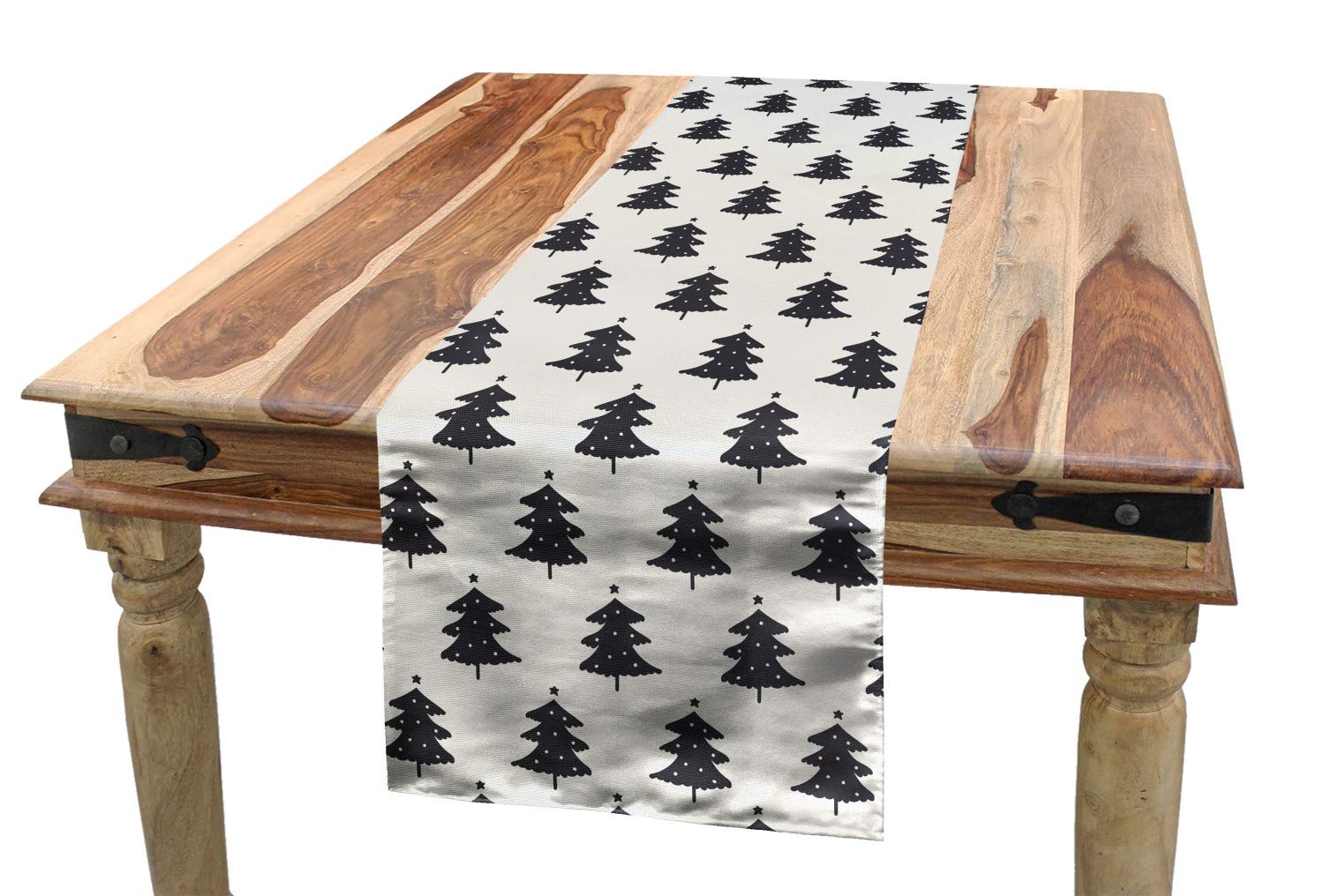 ABAKUHAUS Christmas Table Runner, Fir Tree Silhouettes with Stars Noel Themed Woodland Illustration, Dining Room Kitchen Rectangular Runner, 40 cm x 300 cm, Charcoal grey and ivory