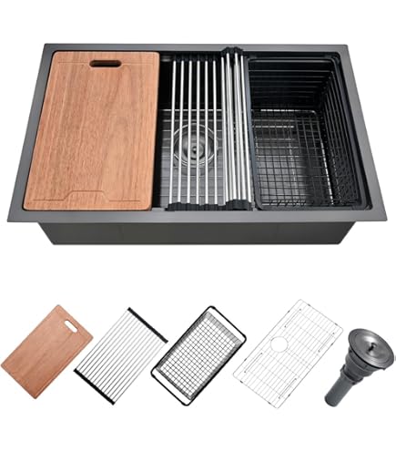 ANGELES HOME 28 In. Undermount Single Bowl 16-Gauge Gunmetal Black Stainless Steel Workstation