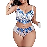 OYOANGLE Women's Plus Size 2 Piece Lingerie Set Floral Embroidered Mesh Lingerie Set Panty Bra