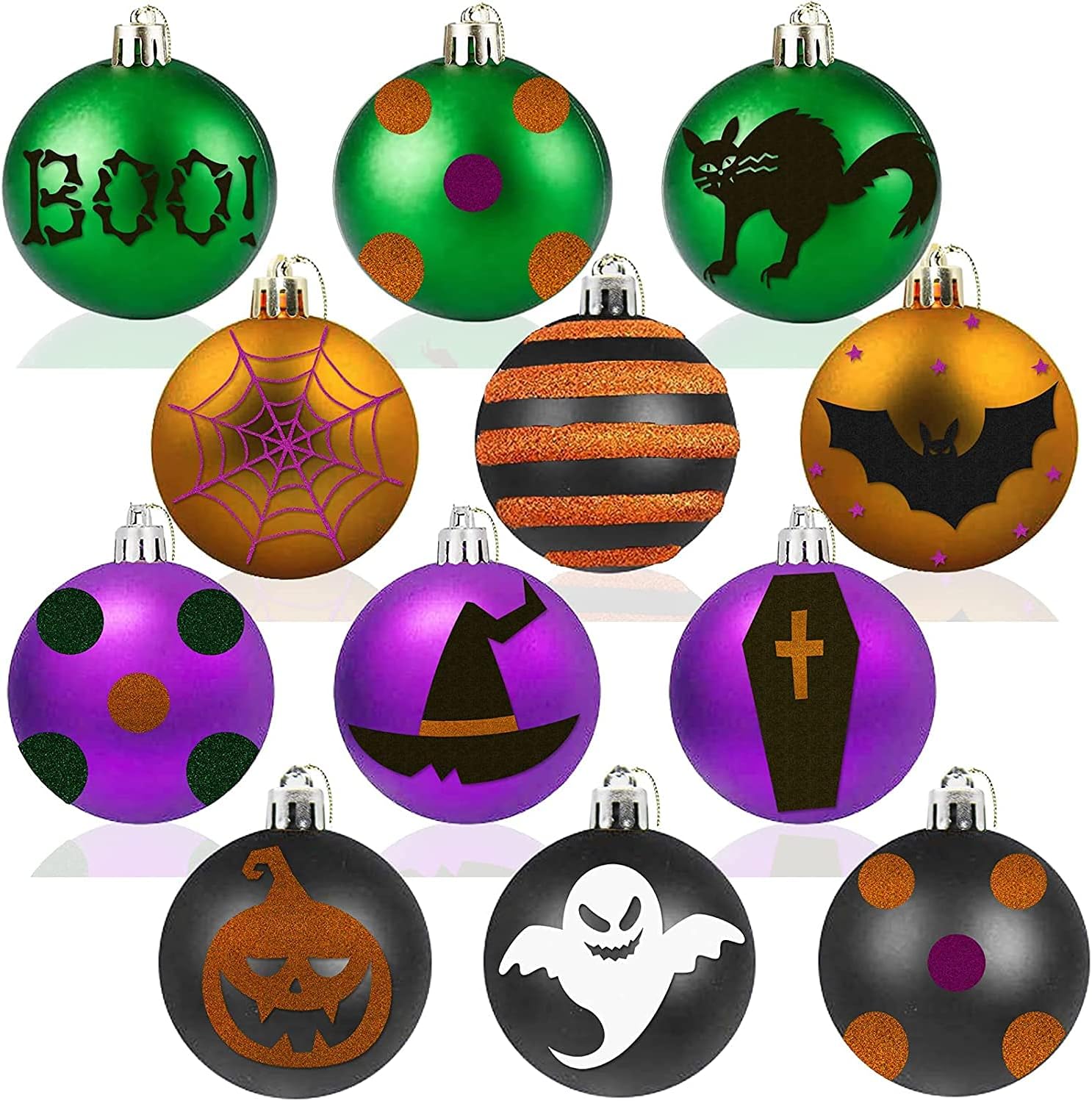 Ornaments - Halloween Decorations - Halloween Tree Decorations - Pack of 12 Halloween Ornaments Ball Hanging Ornaments for Halloween/Xmas Trees - Halloween Tree Decorations（Green