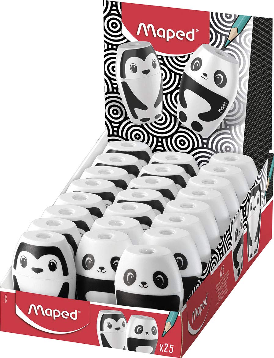 Maped Shaker Pencil Sharpeners - Pandas and Penguins (Box of 25 - Mixed), black and white, 34014