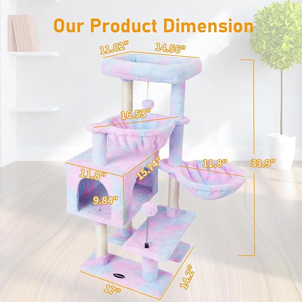 KIYUMI CAT TREE CAT TOWER CONDO WITH SISAL SCRATCHING POST FOR INDOOR CATS CAT TREE CAT FURNITURE WITH HAMMOCK PERCH AND KITTEN BALL TOYS, MULTI-LEVEL PET ACTIVITY CENTER RAINBOW