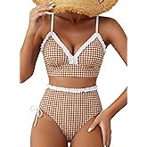 Herseas Women's Splice Ruffle Trim Bikini Sets Tie Side Swimsuits High Waisted Bathing Suits