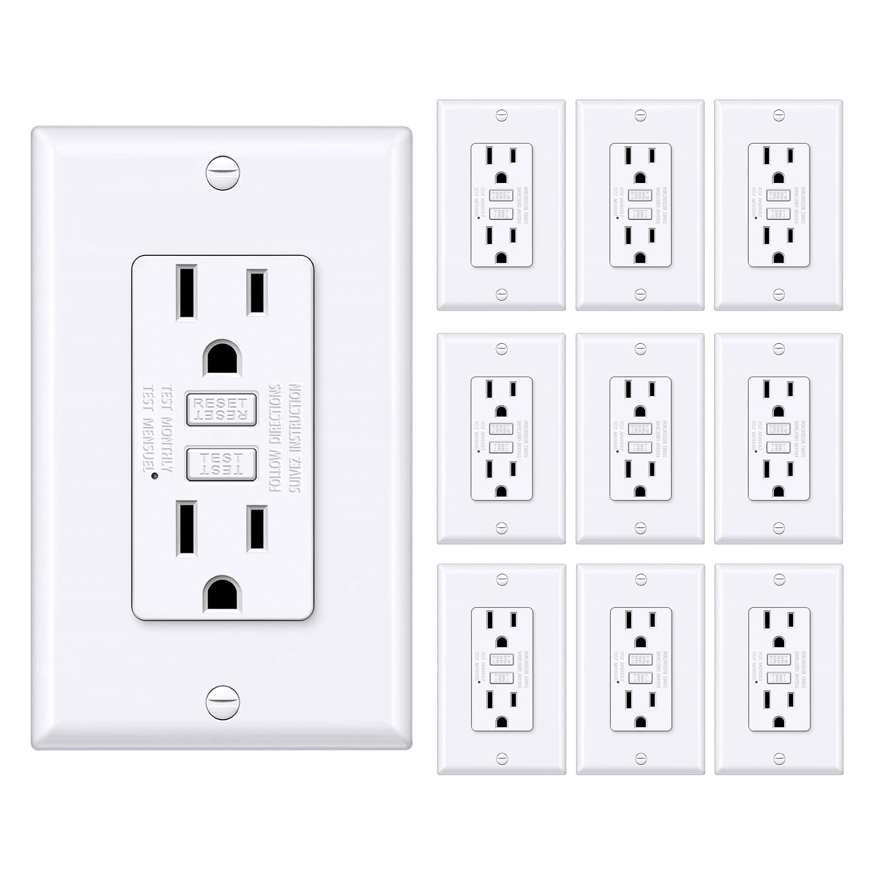 Photo 1 of BESTTEN GFCI Outlet 15 Amp with Super Slim Design, GFI Electrical Outlet with LED Indicator, Non-Tamper-Resistant GFCI Receptacle, Wallplate Included, ETL Certified, 10 Pack, White