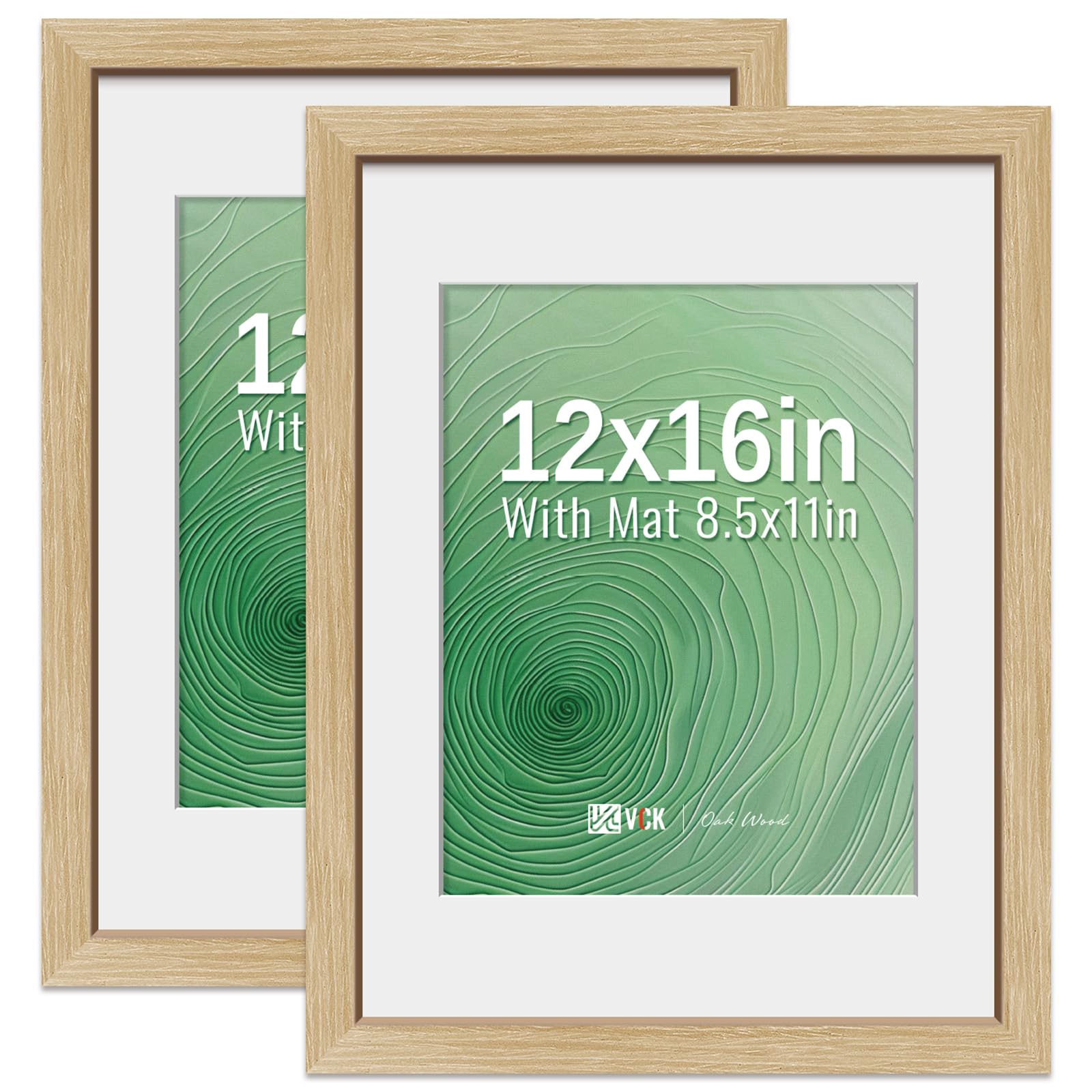 VCK 12x16 Picture Frame 2 Pack - Natural Oak, High-End Wood Poster Frames with Tempered Glass, Display 8.5x11 Photo with Mat or 12x16 without Mat, Art Gallery-Quality, Wall Hanging, Natural Oak Image