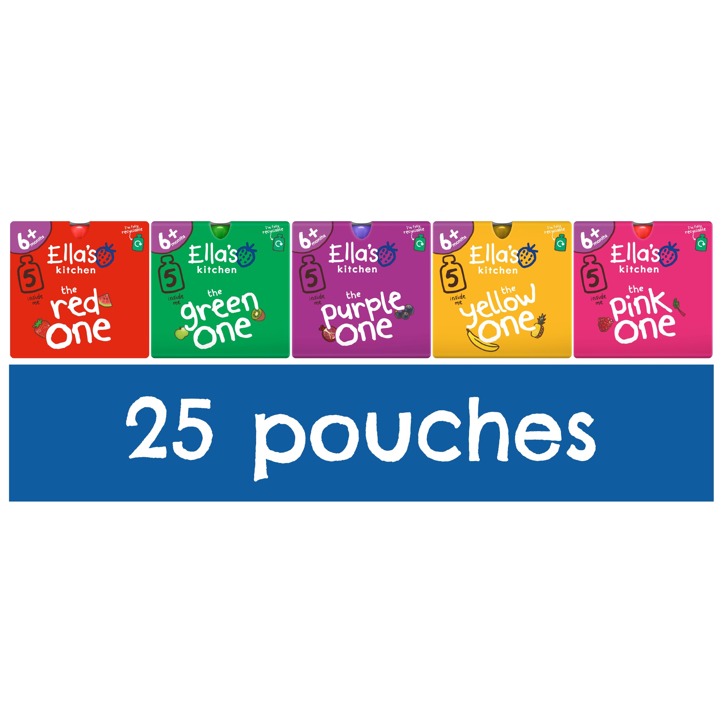 Ella's Kitchen Organic Fruit Smoothie Assortment, (Red, Purple, Green, Yellow and Pink), Pack of 25 Pouches