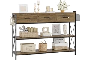 HITHOS 47.2" Console Table with 3 Drawers, Industrial Long Entryway Foyer Table with 3-Tier Storage Shelves, Narrow Sofa Hallway Table for Living Room, Entry Way, Kitchen, Rustic Brown