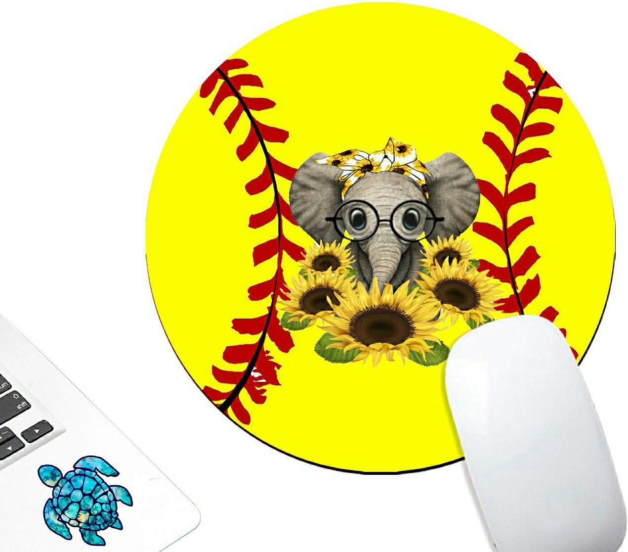 Round Gaming Mouse Pad Custom,AIRWEE Non-Slip Rubber Mouse Pads Mat for Office Computers Laptop with Blue Turtle Sticker,Elephant with Sunflower