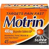 Motrin Super Strength Tablets, Pain Reliever for Menstrual Pain, Headaches, Back Pain, Ibuprofen 400mg, 45 Tablets