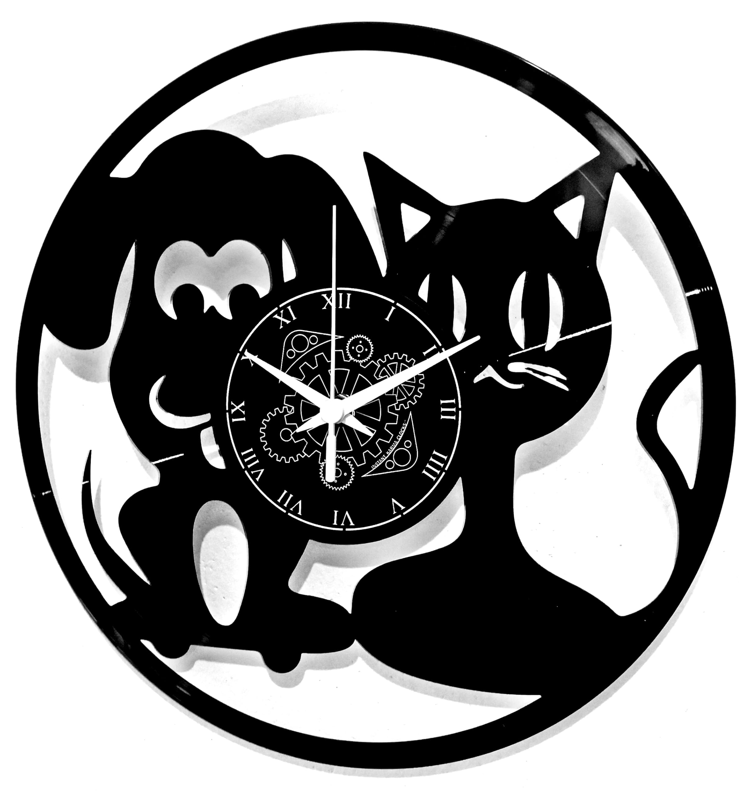 Instant Karma Clocks | Wall Clock with Dog and Cat Silhouette | Silent No-Ticking | Perfect for Bedroom, Office, Studio, Kitchen, Living Room | Modern Design Unique Decoration