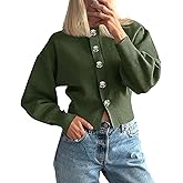 Saodimallsu Womens Button Up Cardigan Sweaters Fall Trendy Long Lantern Sleeve Knit Crew Neck Sweater Jacket