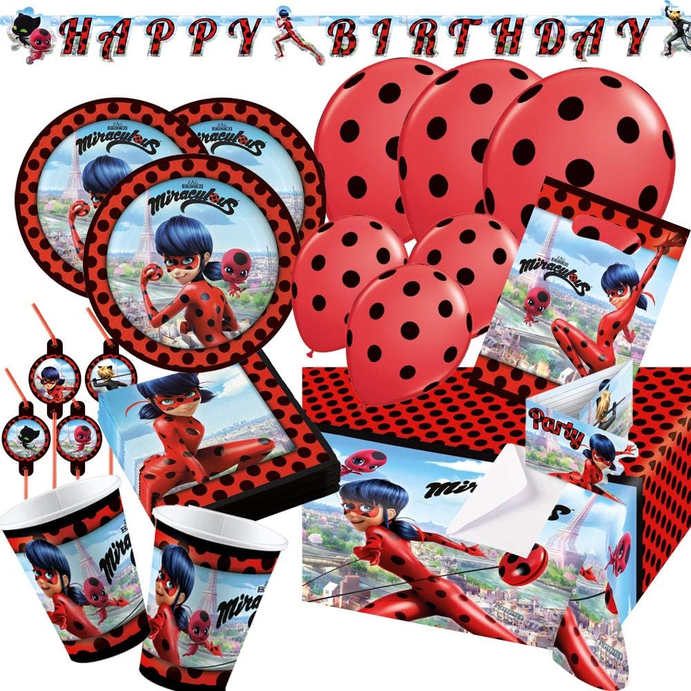 spielum 74-Piece Miraculous Ladybug - Plate Cups Napkins Drinking Straws Invitations Garland, Bags, Table Cloth, Balloons for 8 Children