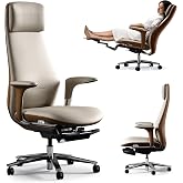TOMU Executive Office Chair with Foot Rest, Top Grain Genuine Leather Office Chair, Ergonomic High Back Design. Real Leather, Wheels, Alumium Base. Padded Armrest, Luxury and Comfy (Beige)