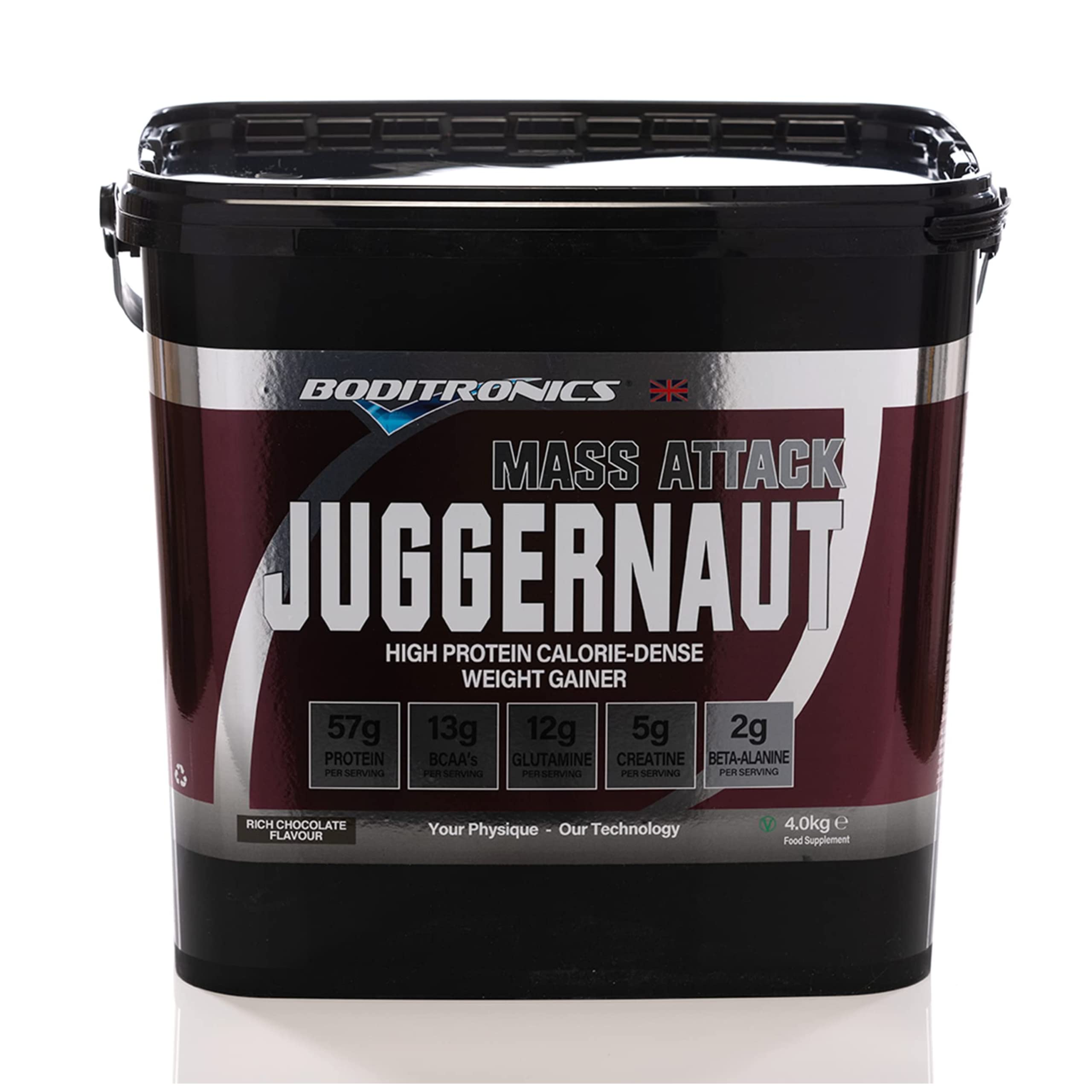 Boditronics Mass Attack Juggernaut Powder for Weight Gainer Powder, All in One Muscle Mass Gainer, High Protein Powder for Men & Women, 5g Creatine, BCAA, Glutamine & Beta Alanine (Rich Chocolates)