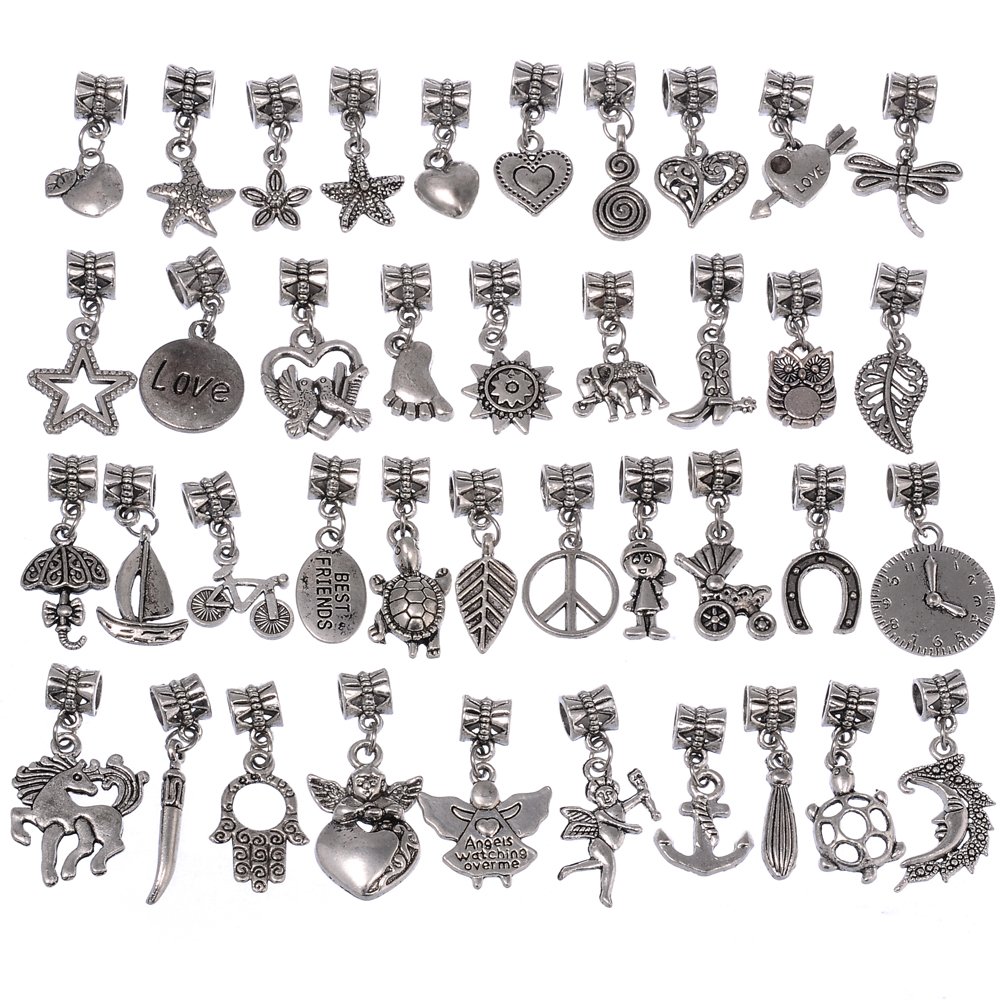 RUBYCA 120Pcs Tibetan Silver Color Connector Bails Mix Beads with Pendant fit Charm Bracelet 501