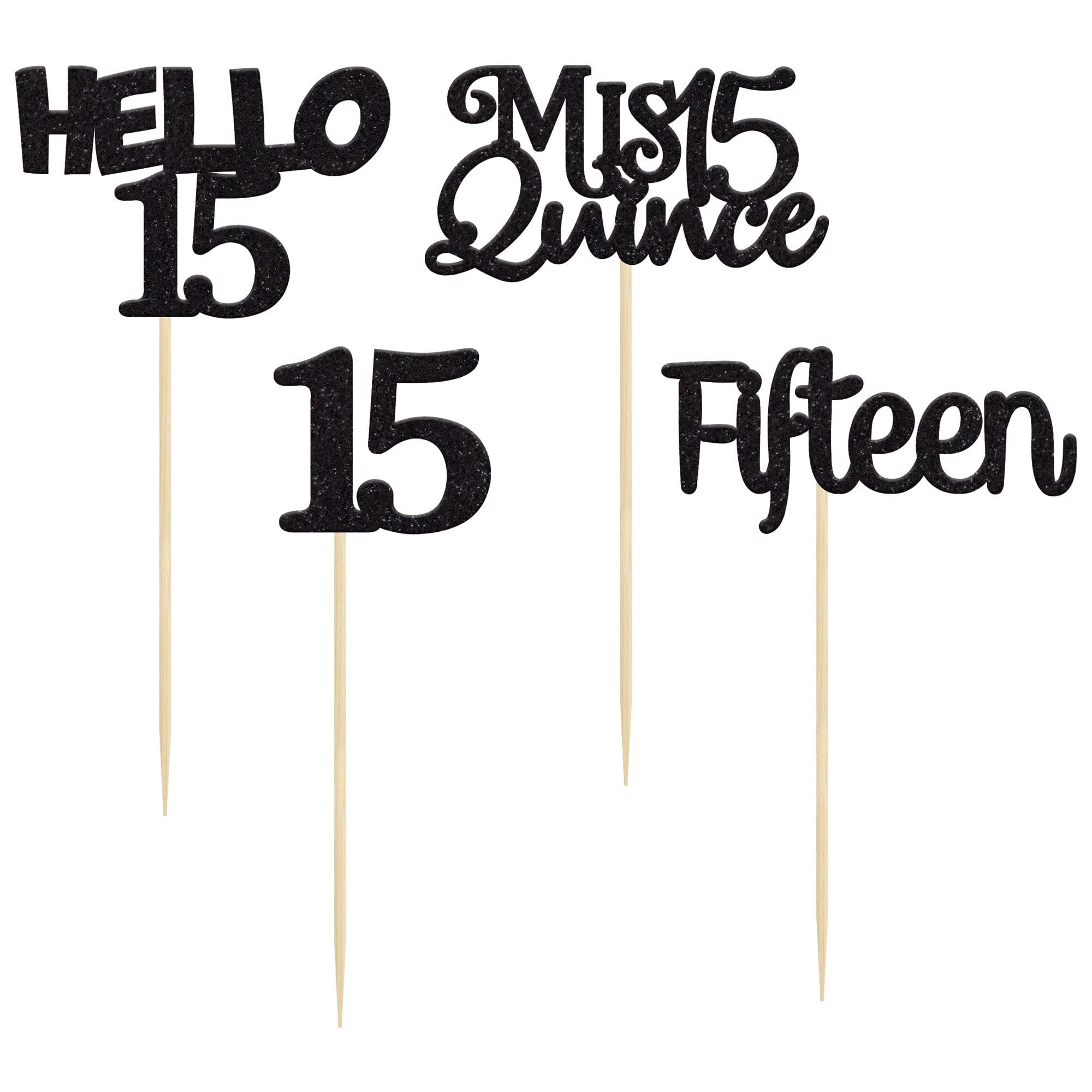 Gyufise 24Pcs Black Glitter 15th Birthday Cupcake Toppers Mis Quince 15 Cake Toppers Hello 15 Fifteen Cupcake Picks for 15th Birthday Cake Decorations Supplies