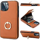 Folosu Compatible with iPhone 12/12 Pro Case Wallet with Card Holder, 360°Rotation Finger Ring Holder Kickstand Protective RFID Blocking PU Leather Double Buttons Flip Shockproof 6.1 Inch Brown