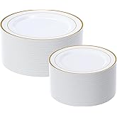 FOCUSLINE Gold Plastic Plates Set of 60, Disposable Plates with Gold Rim 30 Dinner Plates 10" and 30 Salad Dessert Appetizer Plate 7", Elegant Fancy Heavy Duty Wedding Party Plates