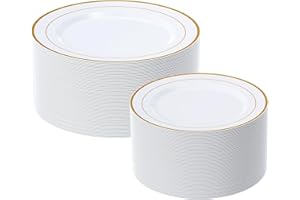FOCUSLINE Gold Plastic Plates Set of 60, Disposable Plates with Gold Rim 30 Dinner Plates 10" and 30 Salad Dessert Appetizer Plate 7", Elegant Fancy Heavy Duty Wedding Party Plates