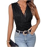 Milumia Women's Lace Bodysuit Sleeveless Deep V Neck Lace Tops Body Suits Date Night