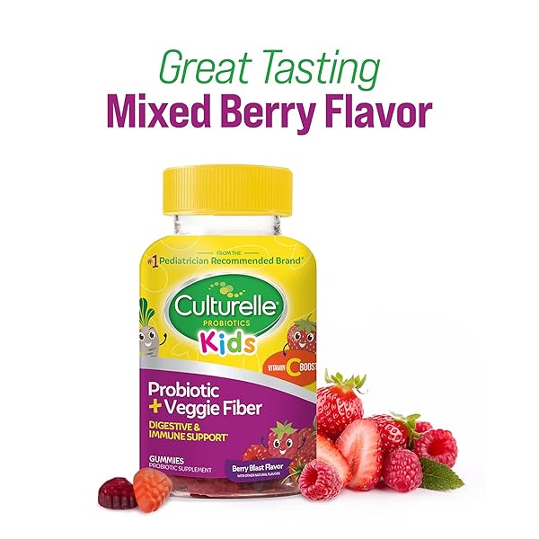 CULTURELLE DAILY PROBIOTIC FOR KIDS + VEGGIE FIBER GUMMIES (AGES 3+) 30 COUNT BERRY FLAVOR – PROBIOTICS FOR DIGESTIVE HEALTH & IMMUNE SUPPORT PLUS VITAMIN C KIDS BOOST