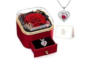 RIANEAN Birthday Gifts for Women Girlfriend Wife, Preserved Real Rose with Heart Necklace, Romantic Forever Eternal Flower for Birthday Anniversary Christmas, Women Gifts for Mom Grandma(Red)