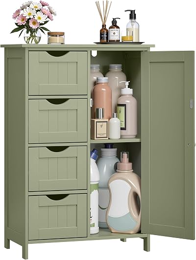 VASAGLE Laurel Green Bathroom Floor Storage Cabinet 4 Drawers 1 Door 30x55x82 cm