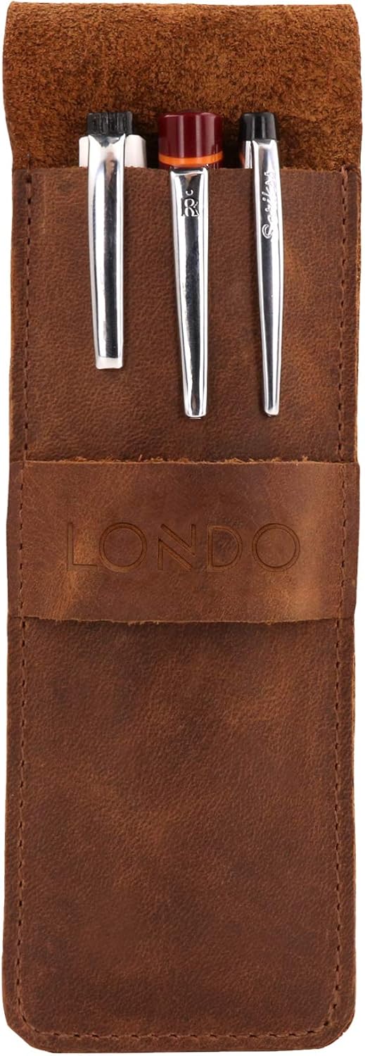 LONDO Genuine Leather Pen and Pencil Case with Tuck in Flap, Stationery Bag, Brown - Image 3