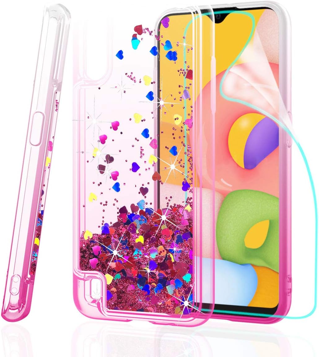 ZingCon Compatible for Samsung Galaxy A01 Phone Case, Glitter Quicksand Case with HD Screen Protector,Shockproof Hybrid Hard PC Soft TPU Bling Adorable Shine Protective Cover-Clear/Rose-red
