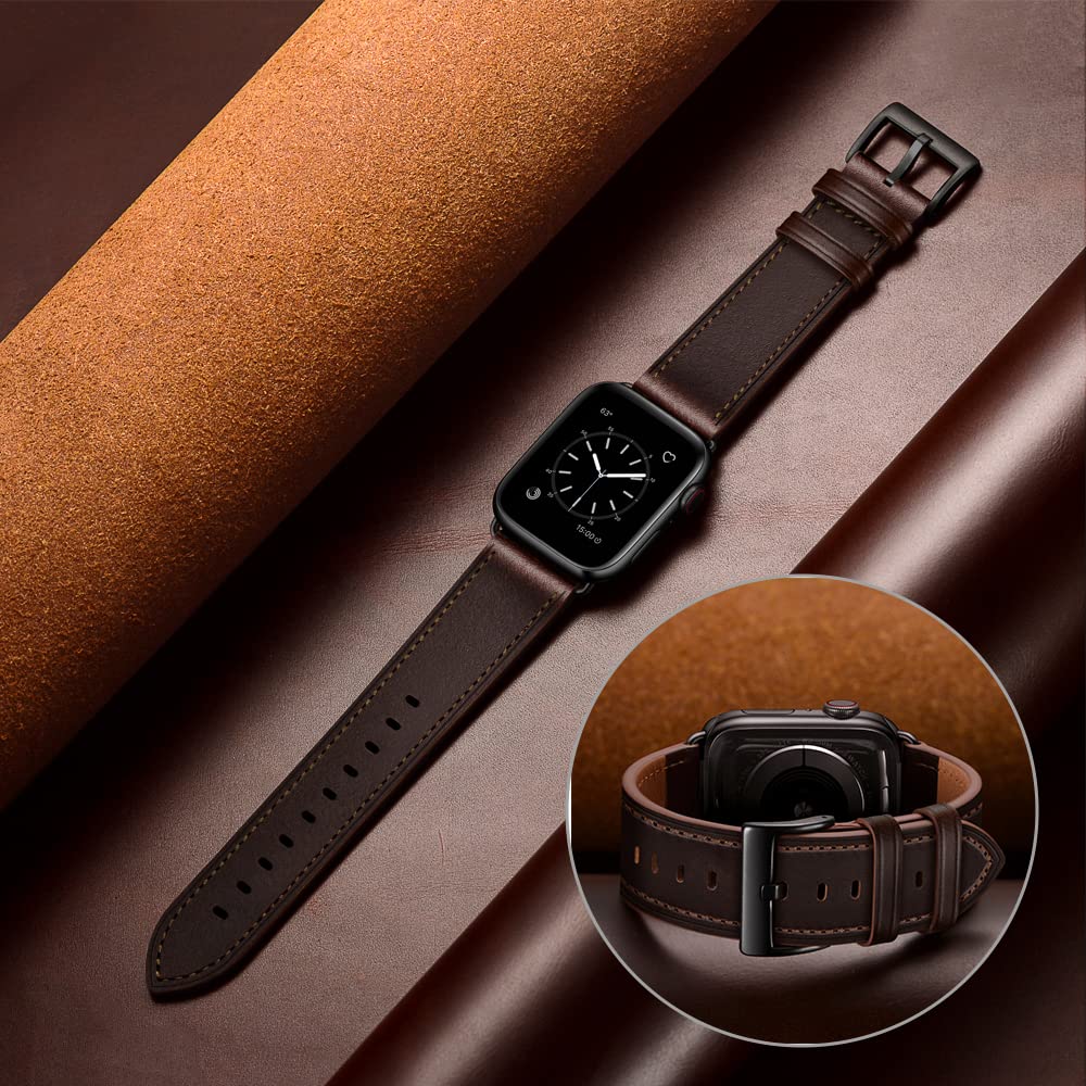 OUHENG Compatible with Apple Watch Band 49mm/46mm/45mm/44mm/42mm, Genuine Leather Band Strap Compatible with Apple Watch Ultra 2/1 Series 10/9/8/7/6/5/4/3/2/1/SE, Dark Brown/Black