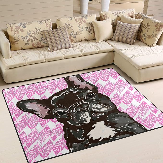 Ahomy Puppy French Bulldog Leaf Area Rugs Carpet Modern Square Floor