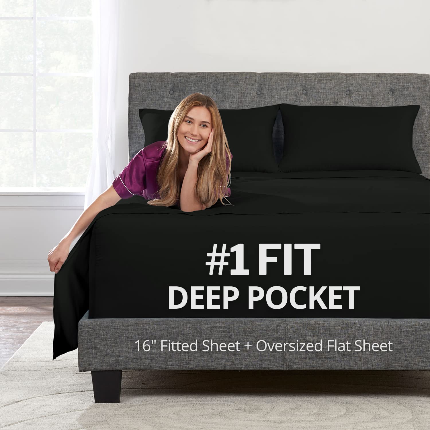 California King Sheets – 4 Piece Cal King Sheets Set – Cal King Bed Sheets Real 16” Deep Pockets Fitted Sheet – Oversize Flat Sheet – 2 Zipper Closure Pillowcases – California King Bed Sheets – Black Image