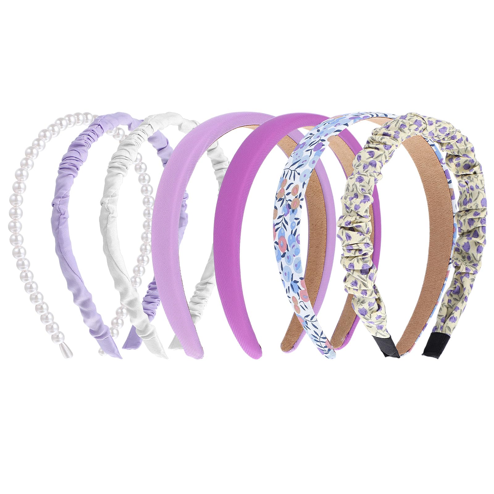 COMNICO Fashion Headbands for Women, 7Pcs Non Slip Pearl and Flower Set - Wide, Thin, Twisted Designs in Purple - Different Patterns for Women and Girls