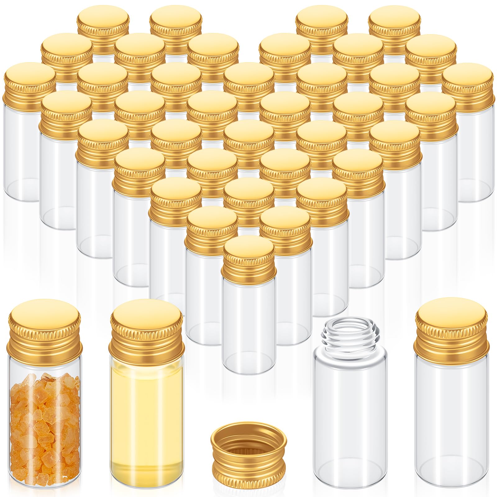 Photo 1 of Didaey 100 Pcs Small Clear Vials Spice Mini Jars with Lids Mini Glass Bottles with Screw Aluminum Metal Caps Tiny Jars Sample Containers for Powder Cream Cosmetic Jewelry Wedding(10 ml,Gold Caps)