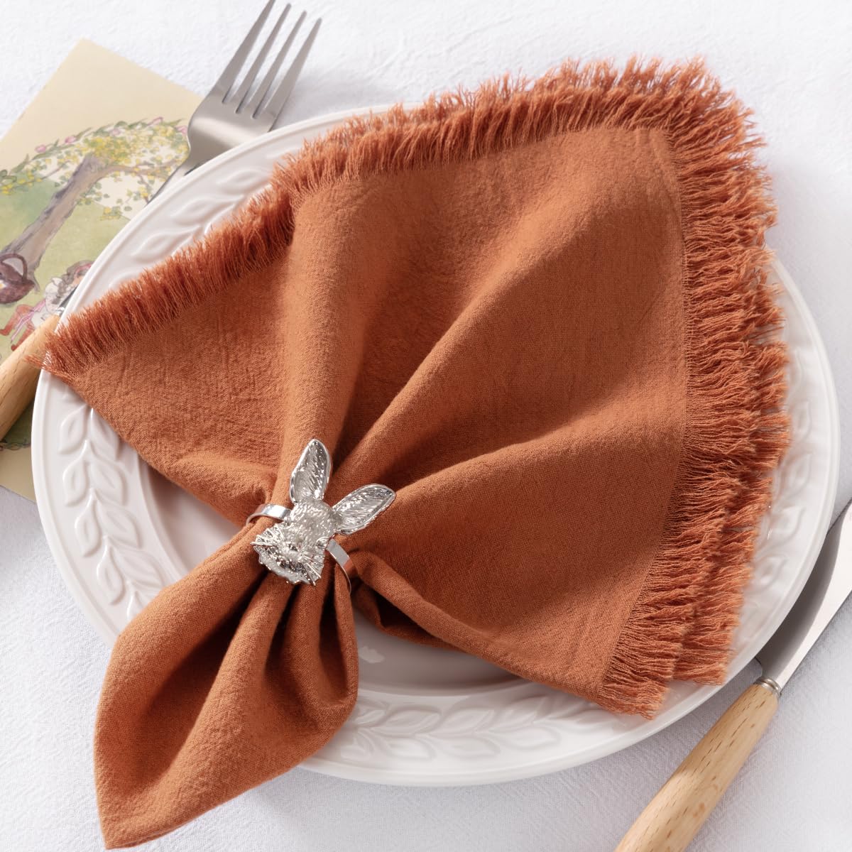 Photo 1 of DeZerlor 12 Pack Terracotta Fall Cloth Napkins Set of 12 Thanksgiving Burnt Orange Cotton Linen Napkins with Fringe Rust Boho Handmade Dinner Table Napkins Bulk for Wedding Baby Shower, 17 x 17 Inches