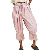 Women Y2k Lace Trim Pants Smocked Elastic Waist Long Bloomers Pant Ruffle Cropped Lounge Pajama Short Pants Slip