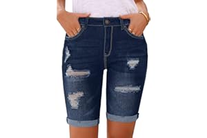 Metietila Women's Ripped Mid-Rise Denim Bermuda Shorts Frayed Raw Hem Stretch Jean Shorts