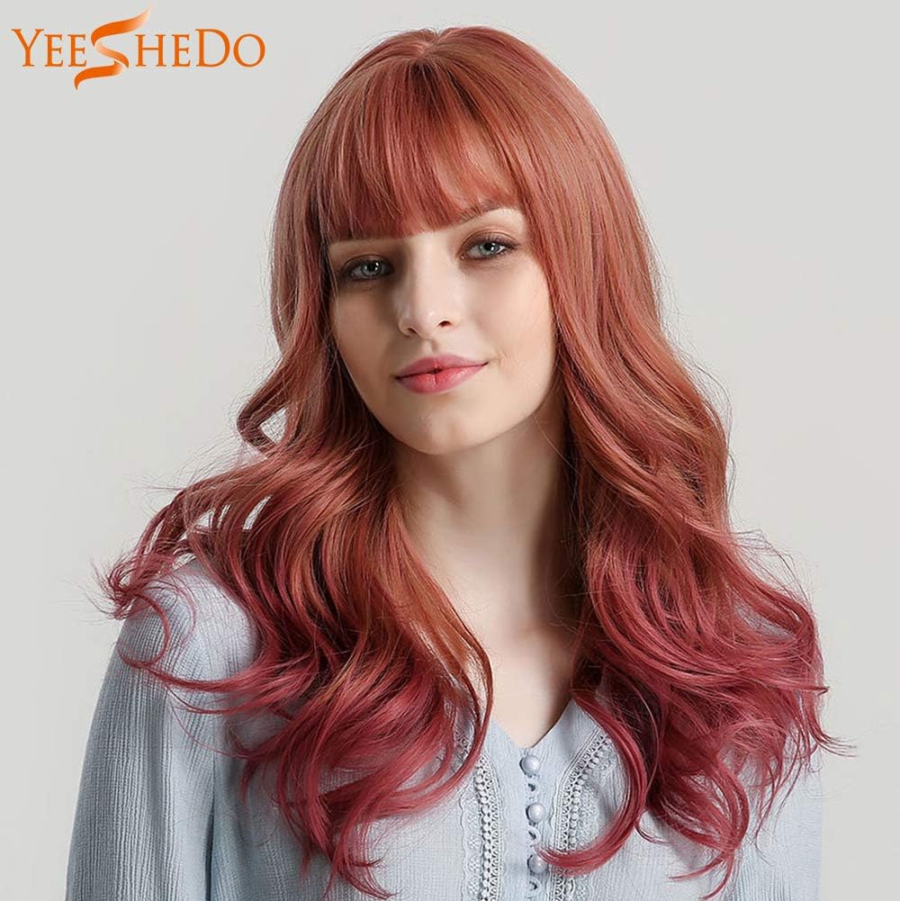 YEESHEDO Ombre Red Curly Wigs Long Body Wave with Air Bangs Fringe Fancy Dress Gradient Color for Women High-Quality Synthetic Wavy Hair Natural Looking for Black Women Girls Kids 24 inches