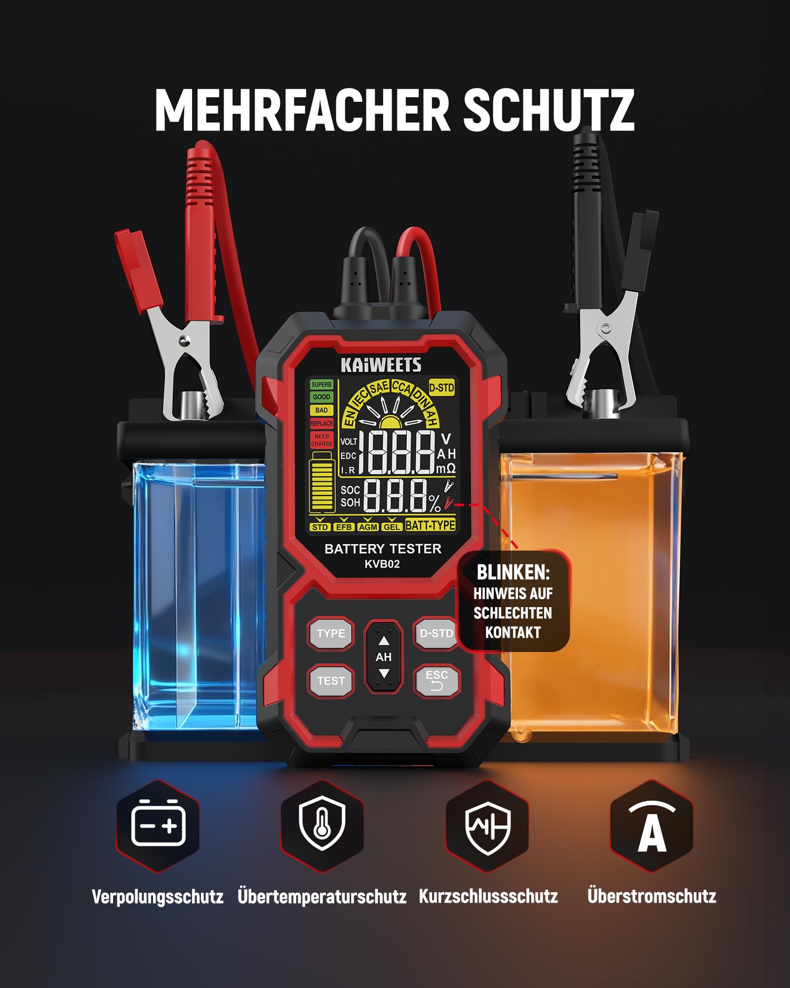 KAIWEETS Batterietester KFZ 12V/24V Digital Autobatterie Tester 50–2000 CCA mit SOH/SOC Analyse LCD Batterie Prüfgerät mit Cranking-Test für Auto SUV Motorrad 7