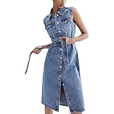 utcoco Denim Dress for Women Casual Sleeveless Belted Button Down Midi Jean Dresses for Women 2025