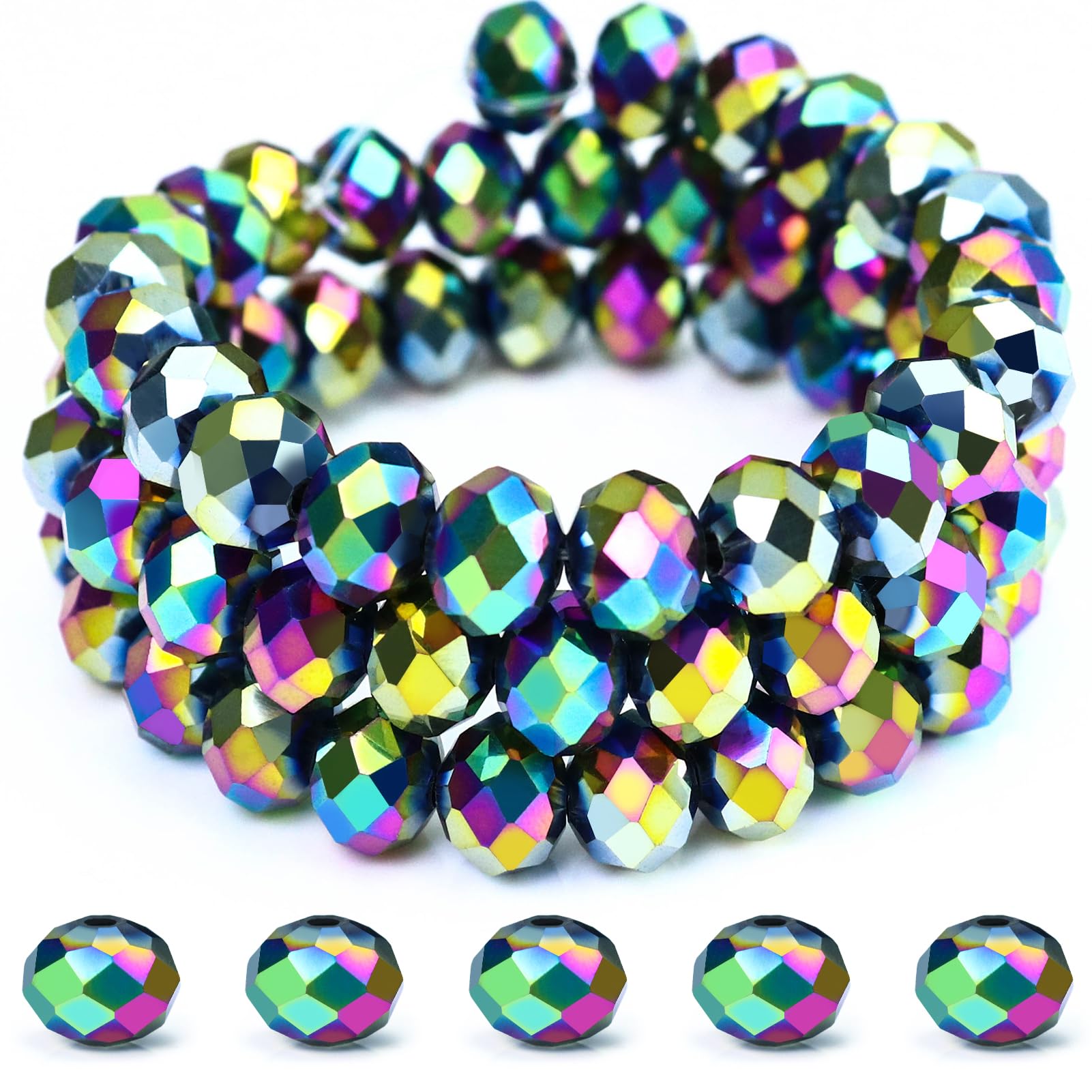 Dowarm 200 Pieces 8mm Briolette Crystal Glass Beads for Jewelry Making, Rondelle Crystal Beads for Crafts Wind Chimes Suncatchers, Briolette Spacer Beads (Rainbow, 8MM)