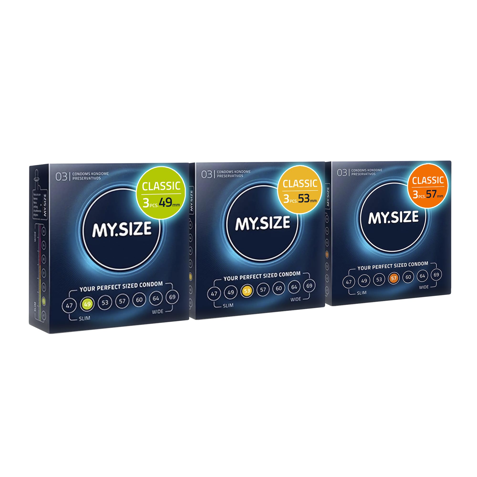 MY.SIZE Classic Condoms 3 piece Trial Pack I 49, 53, 57 mm Width I 3x3 Pieces Premium Kondoms Extra Thin I True to Touch Gossamer I Thin 0,07 mm wall Thickness I Condom Vegan