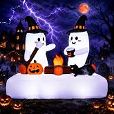 Halloween Inflatables Outdoor Decorations, 5.5FT Blow Up Yard Decorations Twin Ghosts with Campfire Pumpkin Black Cat, Built-in LED Lights, 7 Stakes 3 Hooks for Lawn Porch Party