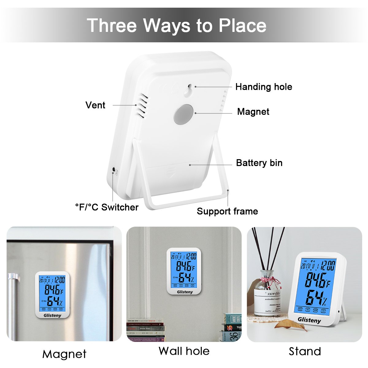 Thermomètre Hygromètre Intérieur,GLISTENYThermomètre Interieur Numérique à écran LCD Tactile,Moniteur de Température et d\'humidité avec horlogie calendrier