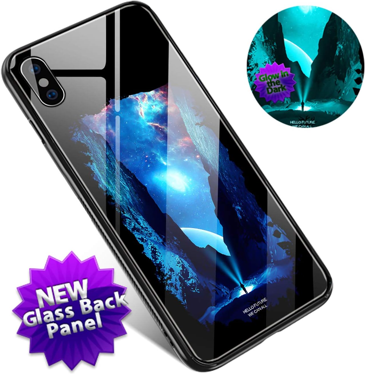 MTW iPhone X case Glow in the Dark, Slim Anti Scratch Glass panel with shockproof TPU Rims (iPhone X, Cold Mountain)
